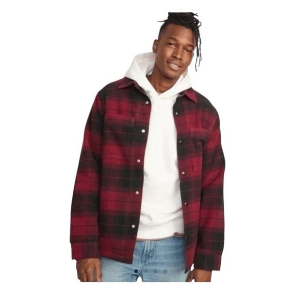 Old Navy Soft-Brushed Sherpa-Lined Jacket Shacket Red Plaid Fleece Heavyweight X - Picture 1 of 7